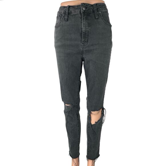 Madewell Black Distressed Curvy Cropped High Rise Skinny Denim Jeans Size 30 - Picture 1 of 6